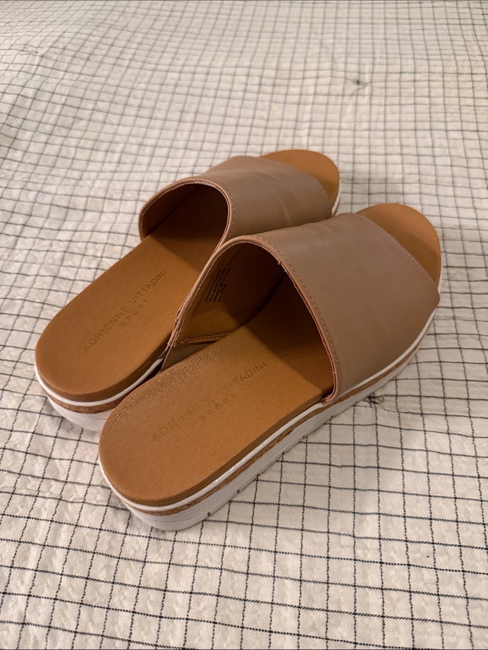 Adrienne Vittadini Taupe Slide Sandals with White Platform